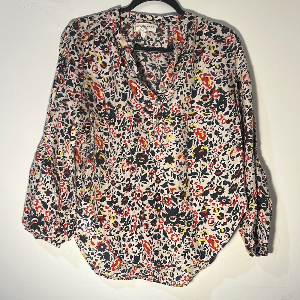 Apiece Apart Black and Pink Relaxed Blouse with Mandarin Collar